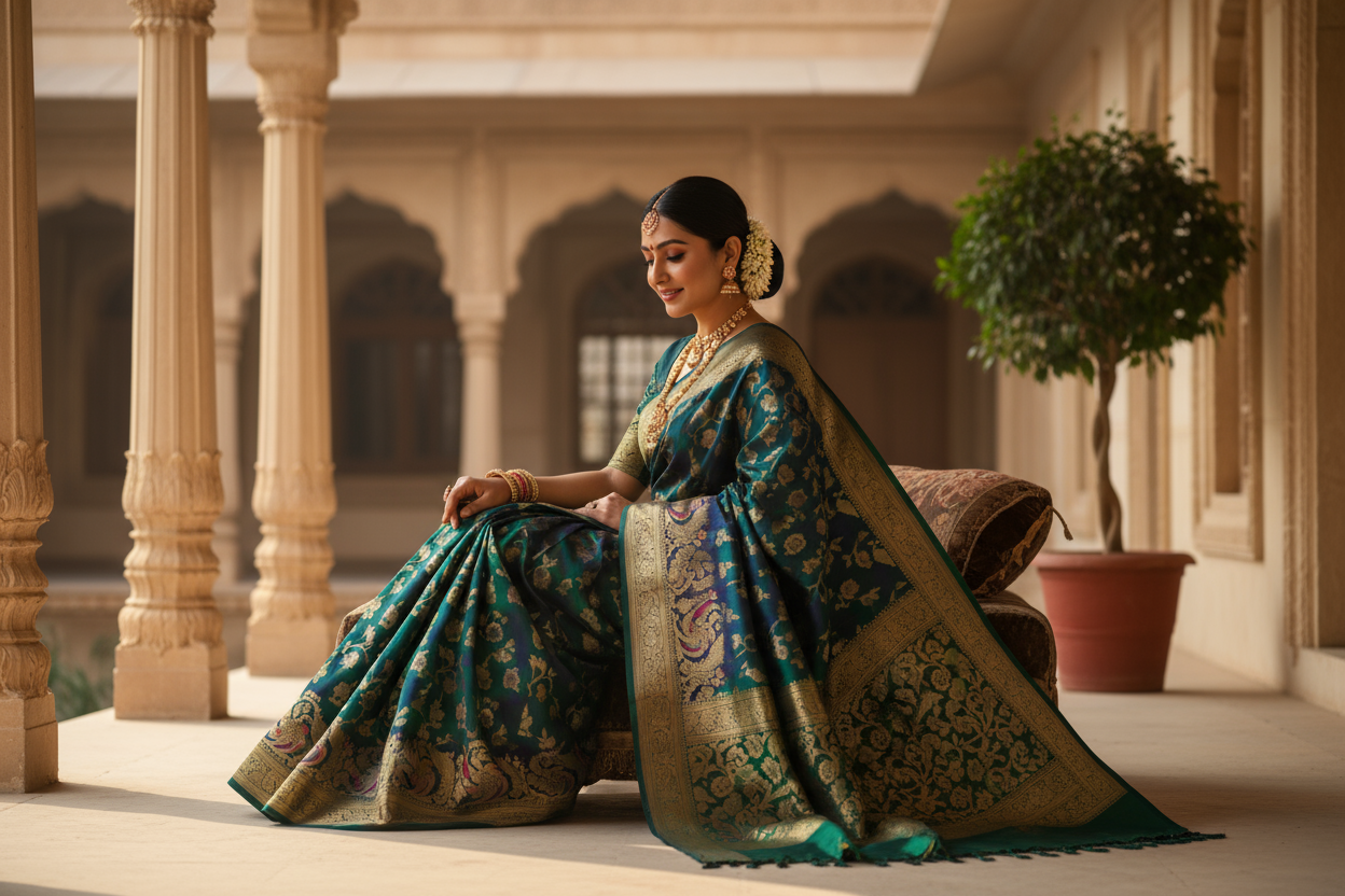 women wearing saree in a aesthetic sitting pose